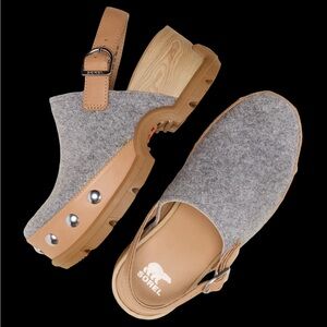 Sorel Grey Felt & Tan Leather Clog Sandals